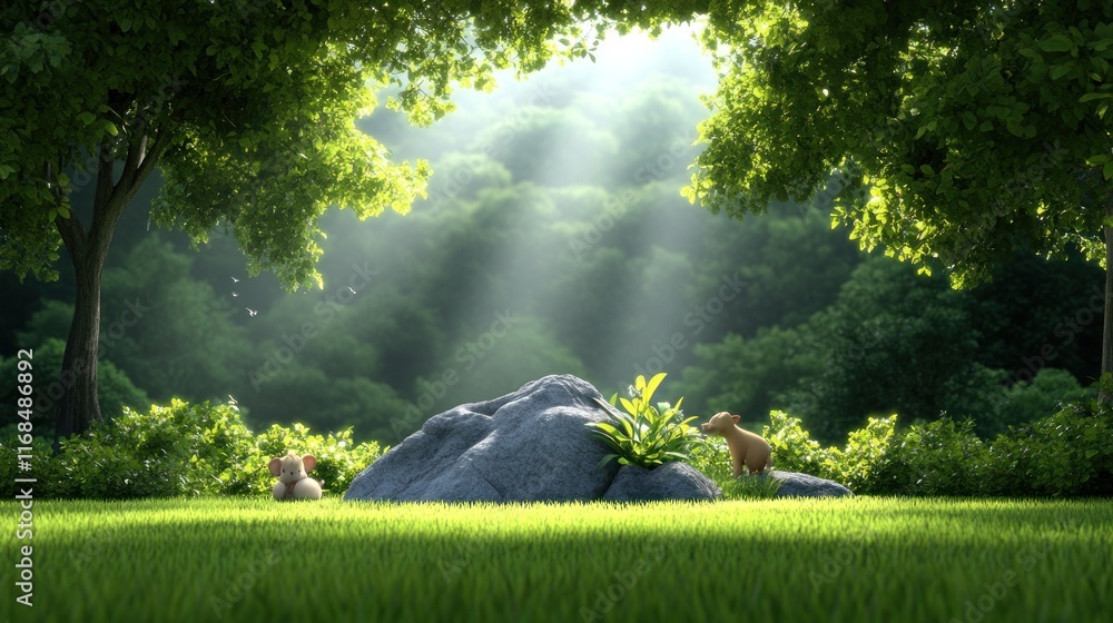 Poster a serene forest scene with sunlight filtering through trees.