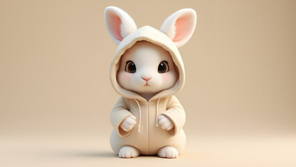 A fluffy white rabbit wearing a cozy oversized cream hoodie