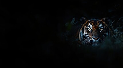 Obraz premium A close-up of a tiger lurking in the shadows, showcasing its intense gaze and vibrant fur.
