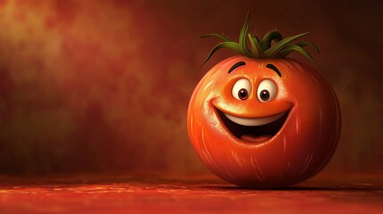 Happy cartoon tomato on red background, digital art, food illustration