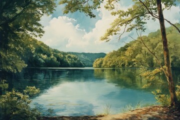 Serene Lakeside Summer Landscape With Lush Green Foliage