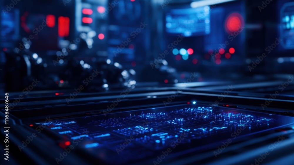 Poster futuristic control panel with glowing interfaces and high-tech visual displays.