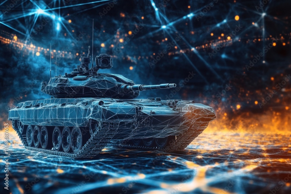 Poster modern tank displayed with futuristic digital effects in an abstract setting
