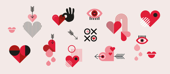 Valentine's day elements for poster, greeting card, cover, label, sale promotion templates, wedding invitations, pattern backgrounds in modern trendy geometric style.