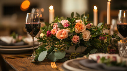 Obraz premium A table with a vase of flowers and wine glasses