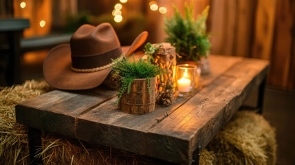 A wooden table with a brown hat on top of it and a bunch of plants in vases