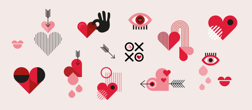 Valentine's day elements for poster, greeting card, cover, label, sale promotion templates, wedding invitations, pattern backgrounds in modern trendy geometric style.