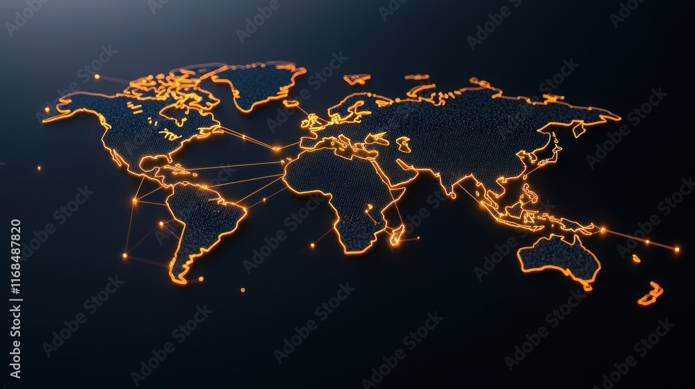 Poster world map with glowing connections, representing global networking.
