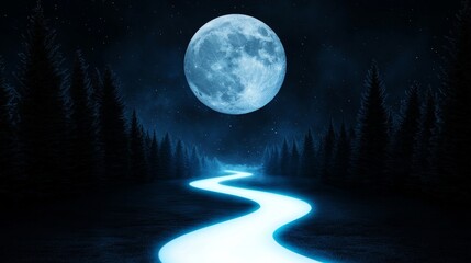A serene night scene featuring a glowing river winding through dark forests under a bright full moon.
