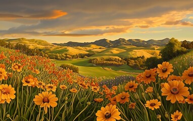 Fototapeta premium Sunset over rolling hills and wildflowers.