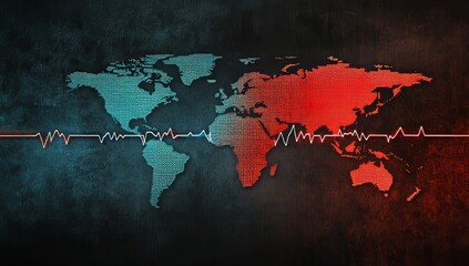 ECG line forming heart shape with world map on dark blue background