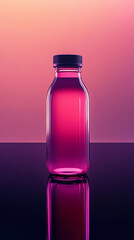 Stylish blackcurrant juice bottle mockup with vibrant pink liquid on reflective surface