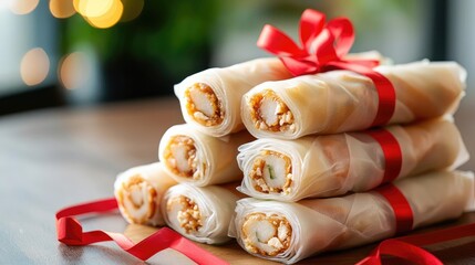 Naklejka premium Chinese new year food spring rolls. Spring rolls arranged in a pyramid shape, wrapped in festive red ribbons, symbolizing prosperity and joy