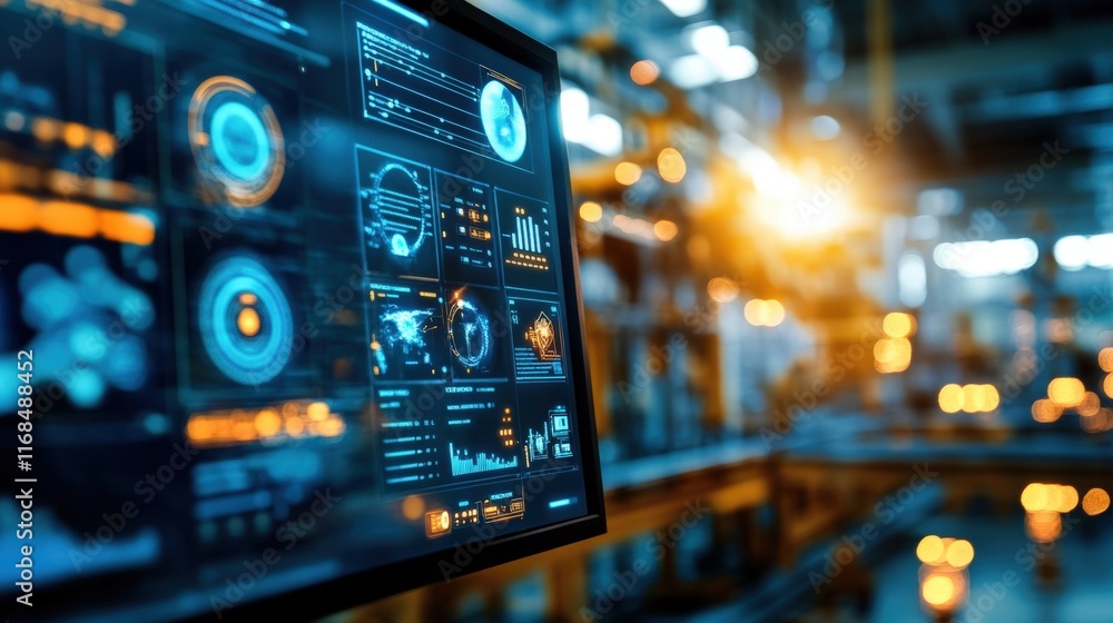 Poster high-tech interface displaying data in an industrial environment.