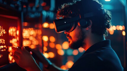 Man wearing VR headset interacts with dynamic visuals in a futuristic environment.