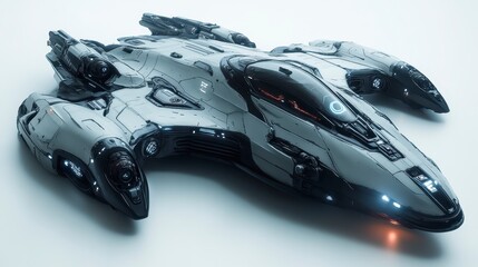 Futuristic spaceship design, sleek, white and black, isolated on white background.