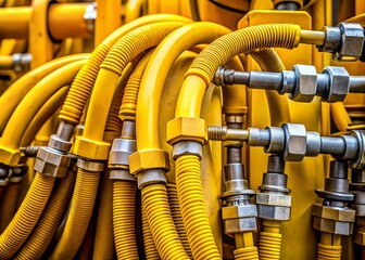 Close-up of Yellow Hydraulic Hoses on Heavy Machinery, Industrial Equipment Detail Shot