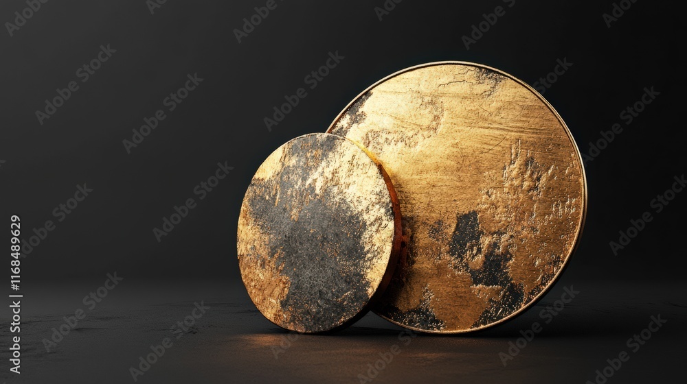 Poster two circular metallic objects with a gold and black finish, resting on a dark surface, creating a st