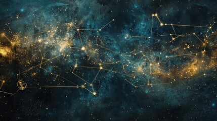 A dynamic zodiac symbol chart surrounded by twinkling constellations