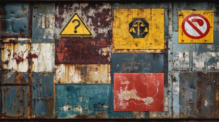 A factory safety mural displaying essential industrial warning symbols on weathered steel