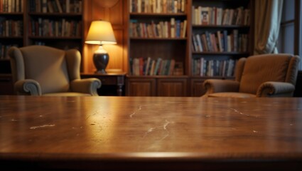 Empty wooden table top with blurred bookshelves in the background of a bookstore macro shot, bookstore, library, background, blurred, design, furniture, book, literature, wooden table