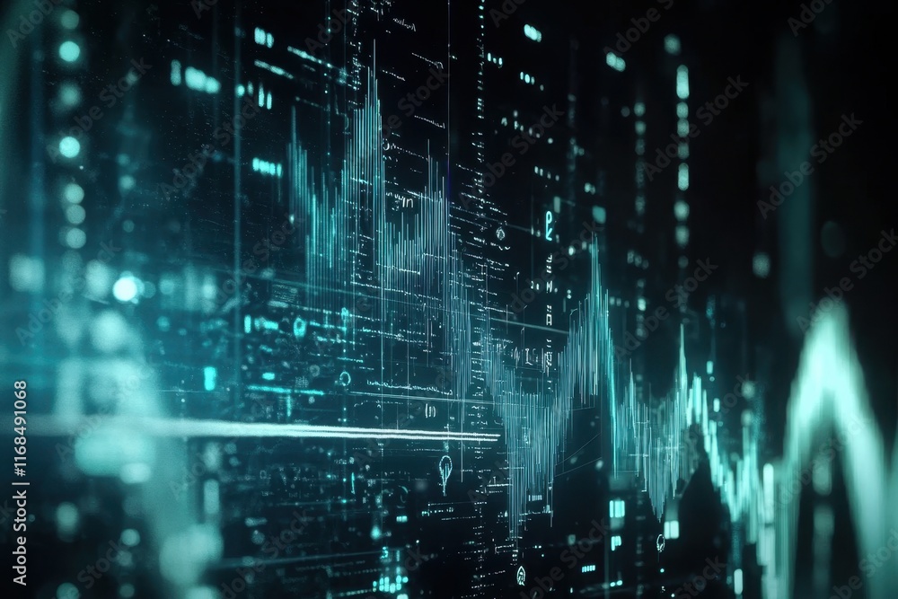 Poster futuristic data visualization depicting sound waves and digital patterns in dark atmosphere