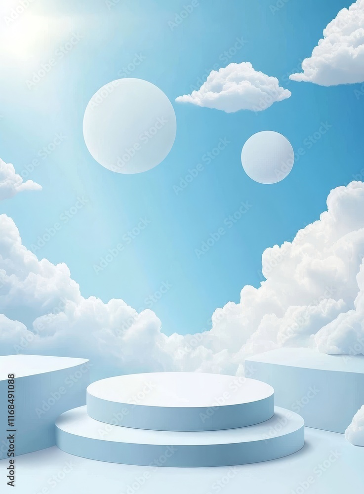 Poster sky-like podium with clouds and floating spheres.