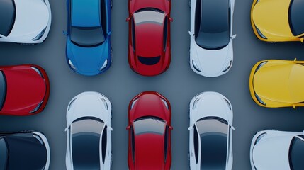 Top view of various colored cars parked in a neat grid pattern in a parking lot.