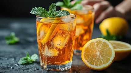Two glasses of iced tea with lemon and mint on dark background.