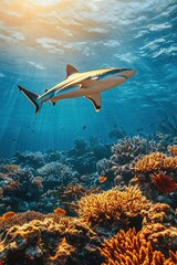 Fototapeta premium A reef shark patrolling above coral formations in a dramatic underwater setting.