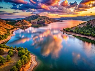Fototapeta premium Colorado Dusk: Serene Horstooth Reservoir at Rocky Mountain Foothills