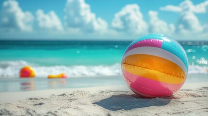 Obraz premium Colorful beach ball on sandy shore with ocean backdrop
