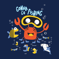 crab diving in the sea,design cartoon vector illustration