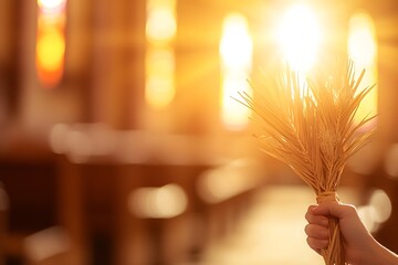 Hand holding dried palm leaves in church during palm sunday celebration