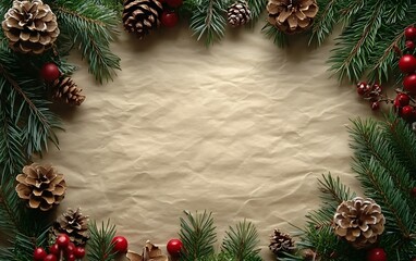 Fototapeta premium Christmas frame with fir branches, cones, and red berries on crumpled beige paper.