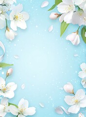 Light blue spring background with white flowers and ribbons