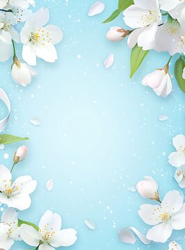 Light blue spring background with white flowers and ribbons