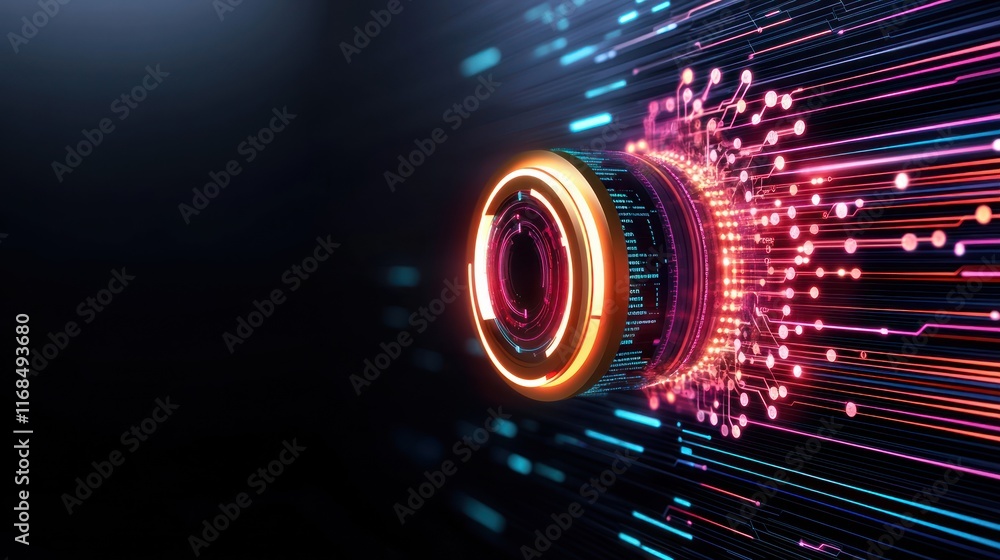 Poster abstract digital design featuring a futuristic lens and data streams.