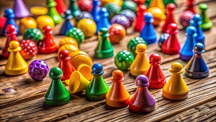 Colorful Board Game Pieces on Wooden Tabletop - Fun Family Game Night