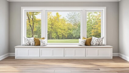 Fototapeta premium Minimalist window seat with glass overlooking trees in a cozy home interior