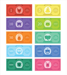 Money for game on a white background,Printable play money from 1 to 10000.banknotes design,Vector  illustrations.