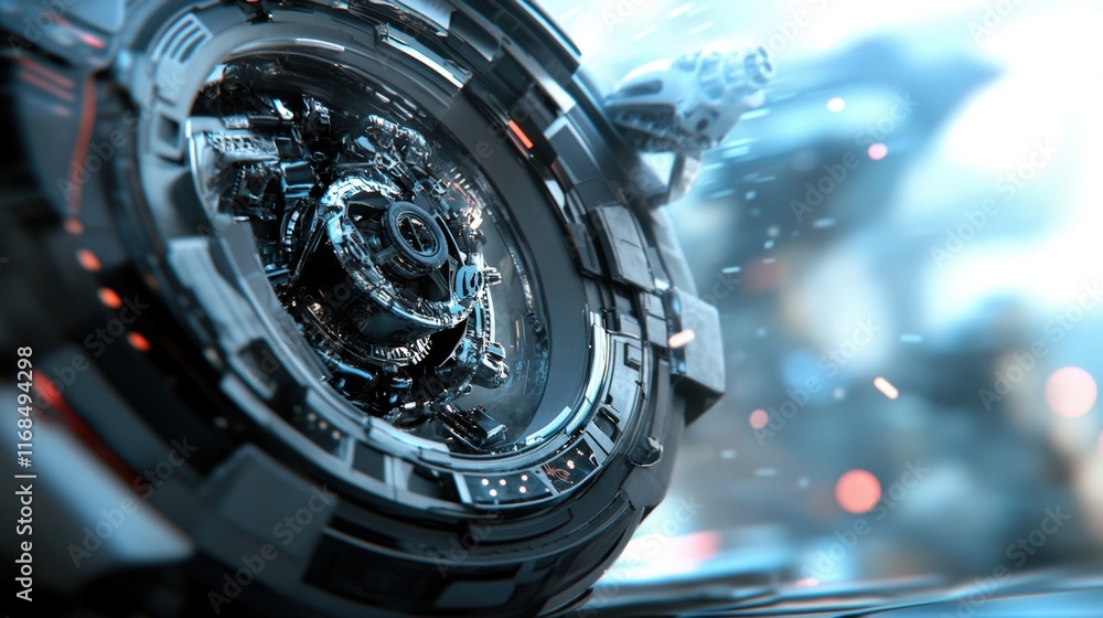 Poster a futuristic, high-tech device with intricate details, showcasing advanced technology and dynamic el