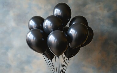 Bunch of black balloons against grunge background.