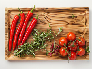 A colorful array of fresh red vegetables on a wooden tray adds visual appeal. The empty space allows for food or a glass, making it a versatile display option for any meal or gathering.