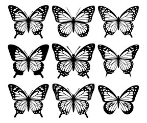 Monarch butterfly silhouettes collection, vector illustration