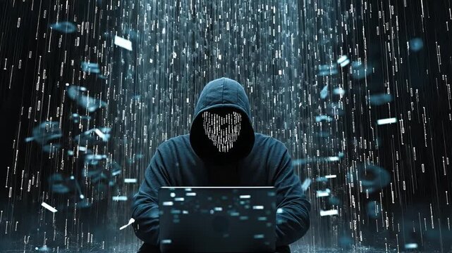 hacker wearing a dark hoodietyping in front of a laptop with digital code lines on his face, digital code and digital numbers on a backbackground,generative ai	
