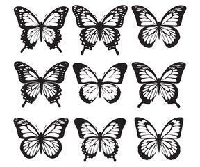 Monarch butterfly silhouettes collection, vector illustration