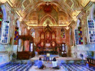 Ancient buildings European architecture Gothic style Chalk paint Illustrations creates art style impressionism of painting.