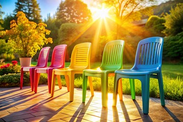 Fototapeta premium Colorful Empty Plastic Chairs in Sunny Outdoor Setting - Stock Photo