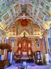 Obraz premium Ancient buildings European architecture Gothic style Chalk paint Illustrations creates art style impressionism of painting.